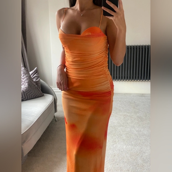 Zara orange draped sheer midi dress corset mesh - Picture 1 of 3